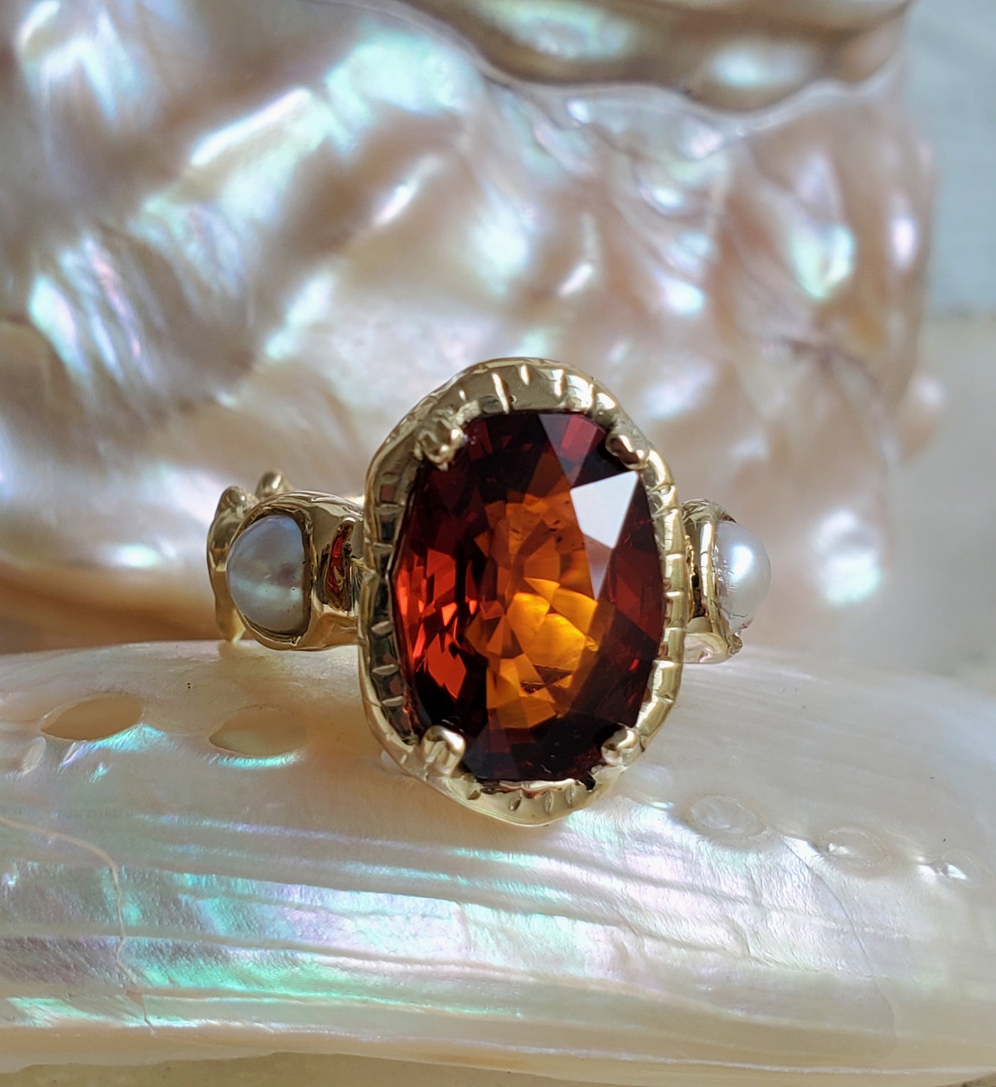 Elegance Spessarite Garnet & Pearls Ring